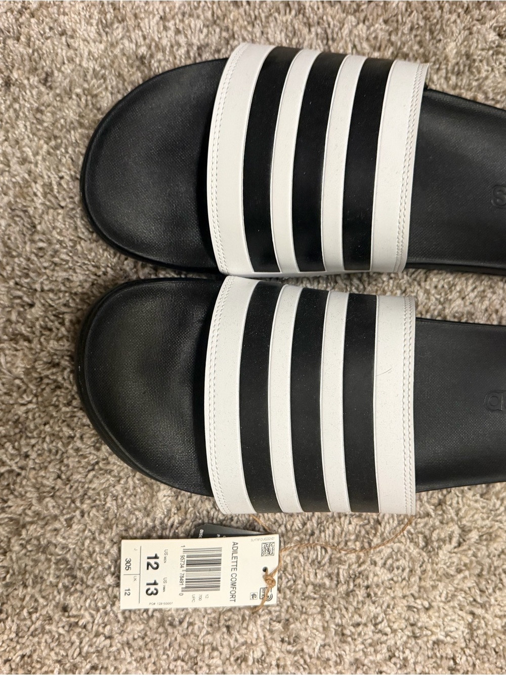adidas mens Black and White Slide Sandals with Three Stripes